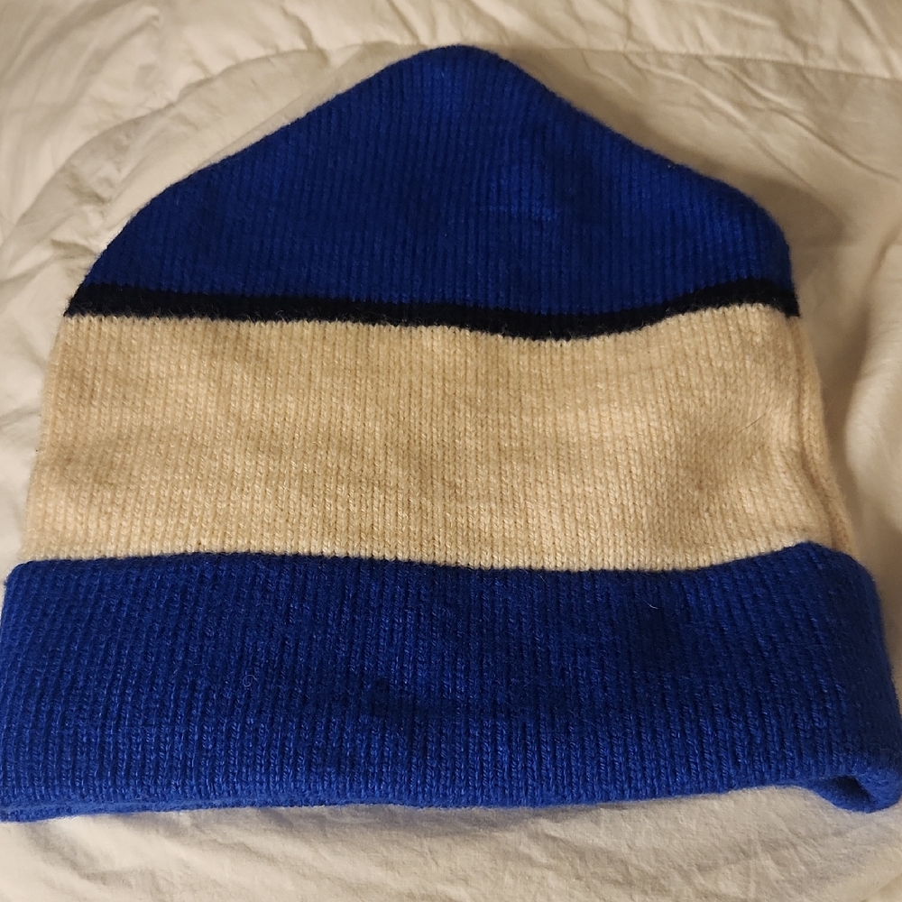 Olympic Ski  Vintage 100% Wool Vermont Made In USA Blue and White Striped Beanie